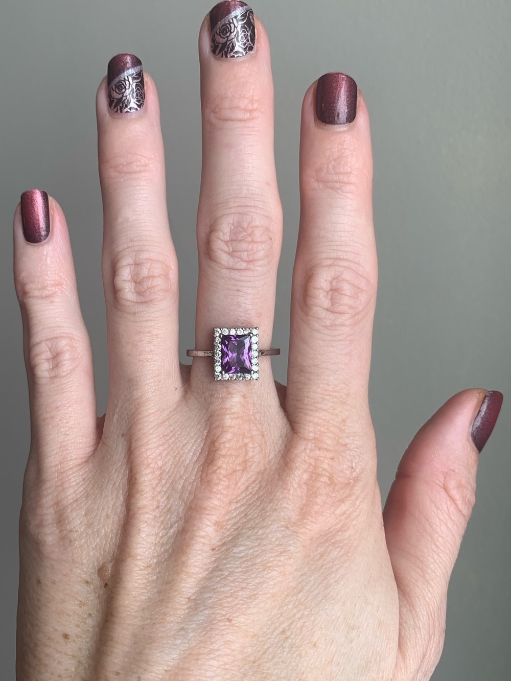 Purple Square Halo Cocktail Ring 925 Silver CZ Size 7.5 Statement